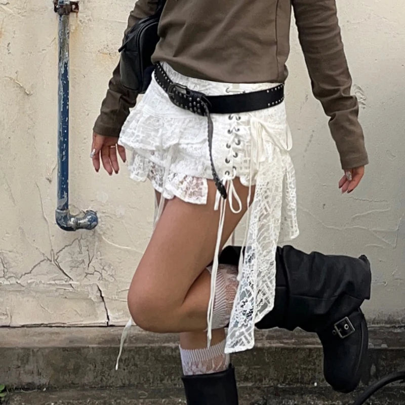 White Lace Irregular Skirt Fairycore A-line Mini Skirts Chic Bottom Y2K