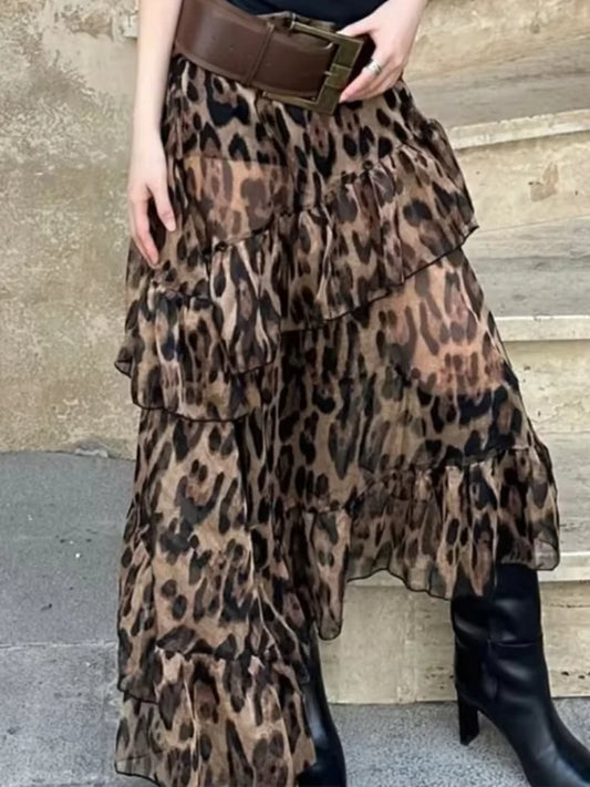 Leopard High Waist Ruched Long Skirt