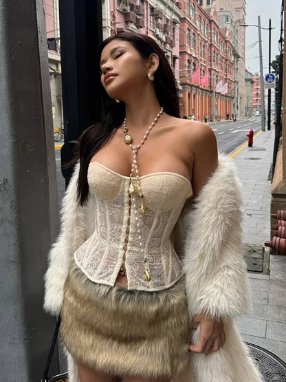 See Through Lace Pattern Backless Mini Top SK1