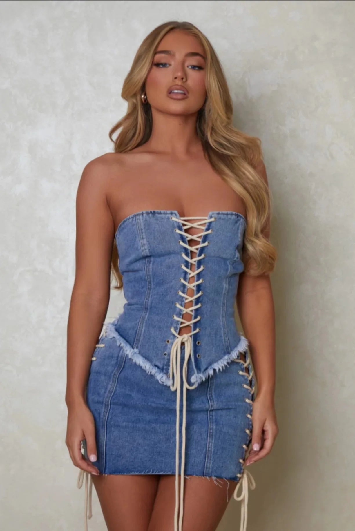 Denim Drawstring Strapless Top