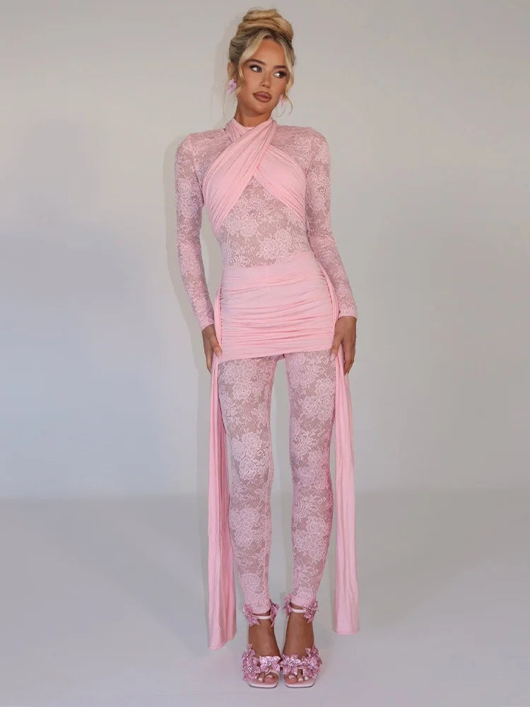 One Piece Long Sleeve See Through Lace Mesh Jumpsuit