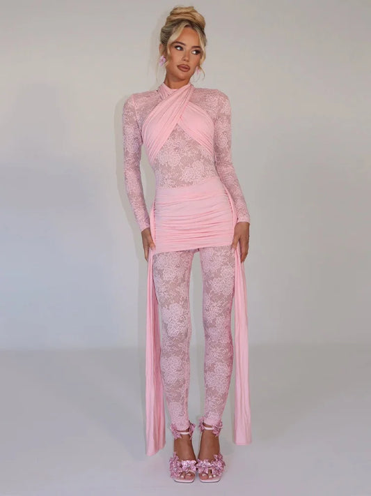 One Piece Long Sleeve See Through Lace Mesh Jumpsuit