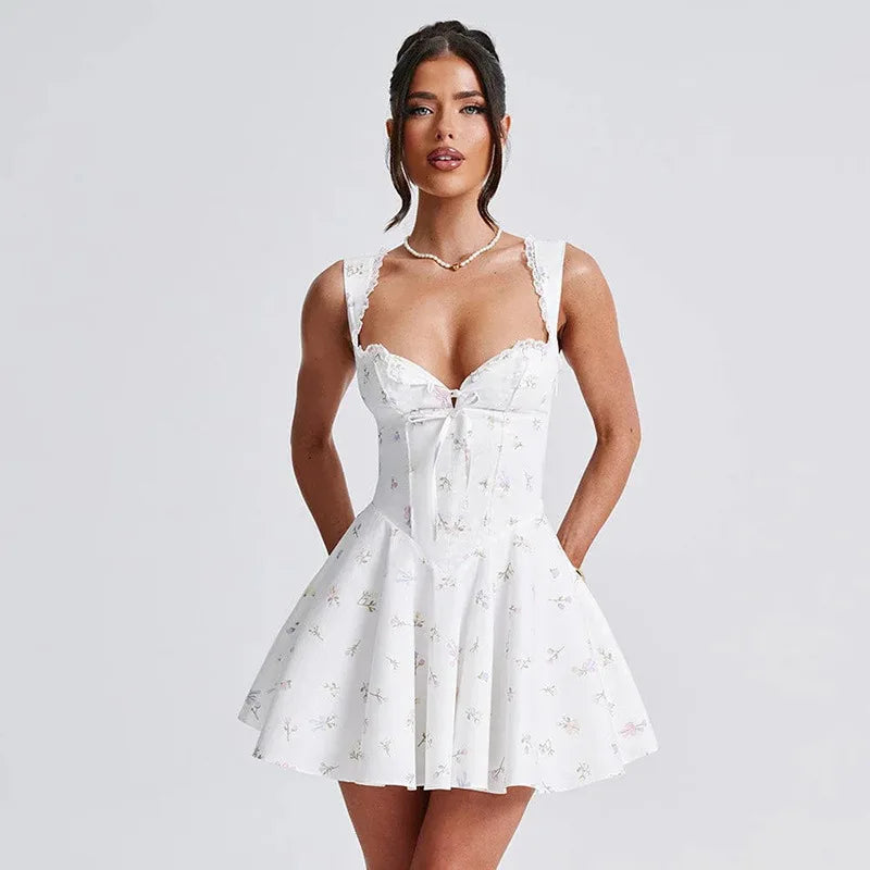 Sleeveless Deep V Backless Pleated Dress Hip Skirt Bodycon Slim Fit Printed Lace Dress