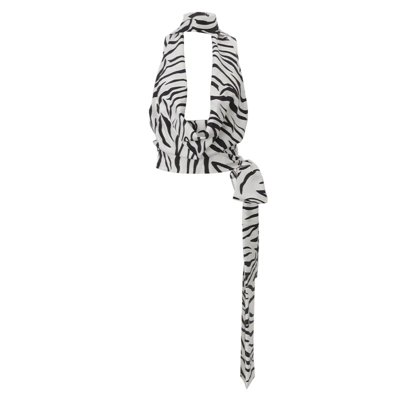 Zebra Swinging Collar Hollow Out Halter Top