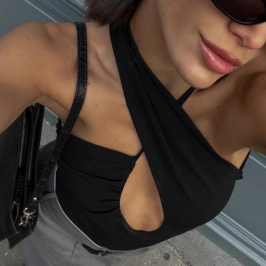 Black Irregular Halter Backless Bodysuit
