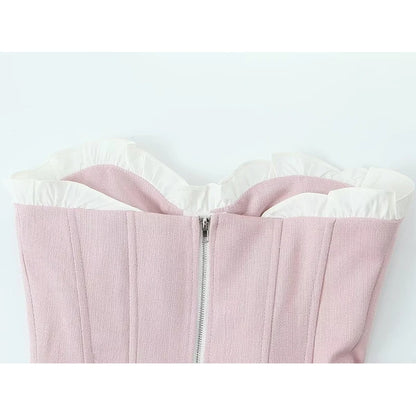 Sweet Patchwork Fish Bone Strapless Crop Top