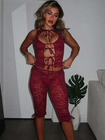 Lace Bandage Matching Short Set - Elegant Crop Tank & Shorts Red