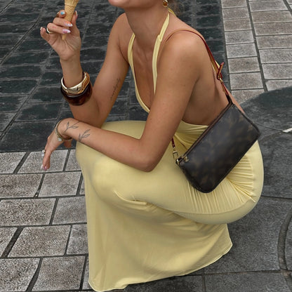 Yellow Slim Sleeveless Backless Halter Long Dress