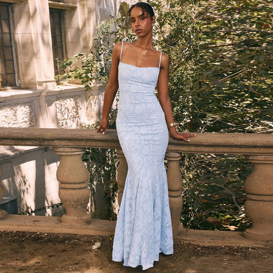 Square Neck Backless Suspender Dress with Hip Wrap Slim Fit Fish Tail Long Retro Evening Dresses
