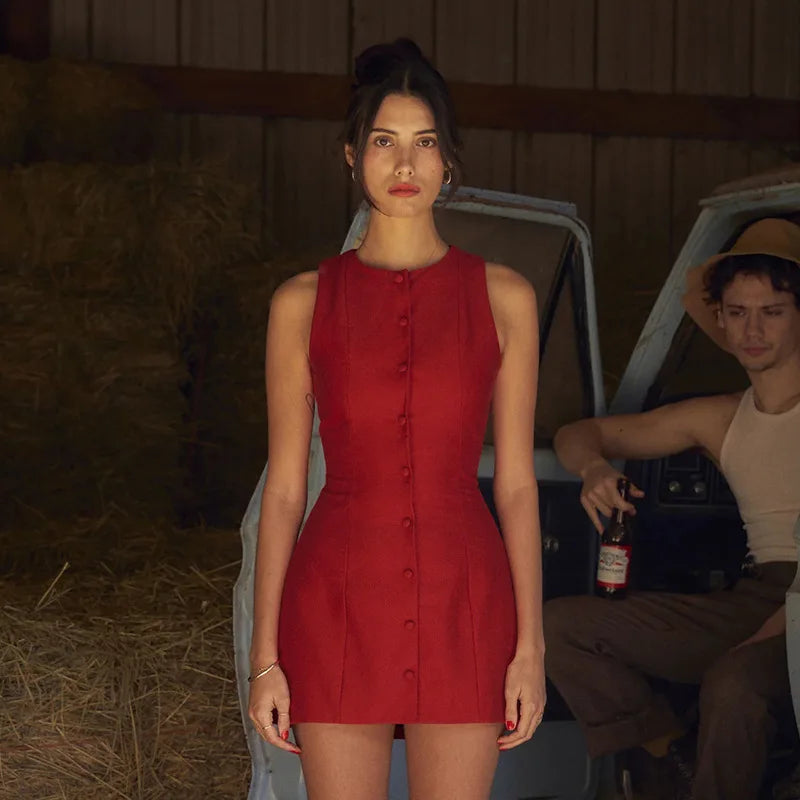 Round Neck Button Mini Dress