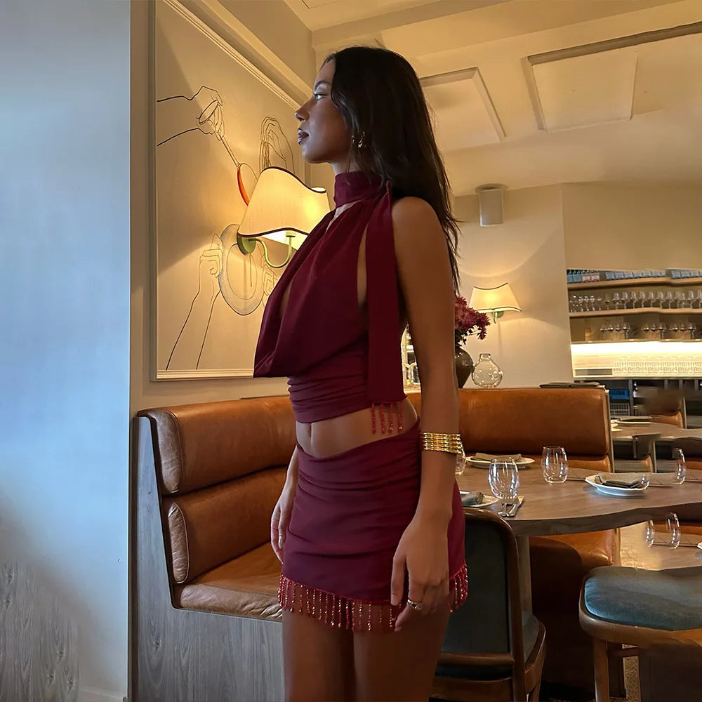 Burgundy Top and Mini Skirt Bodycon Two Piece Set