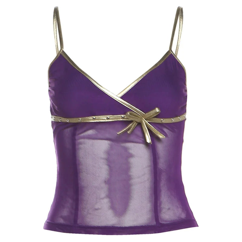 See Through Camisole Top Patchwork Bow Collar Cross Low-Neck Street Versatile