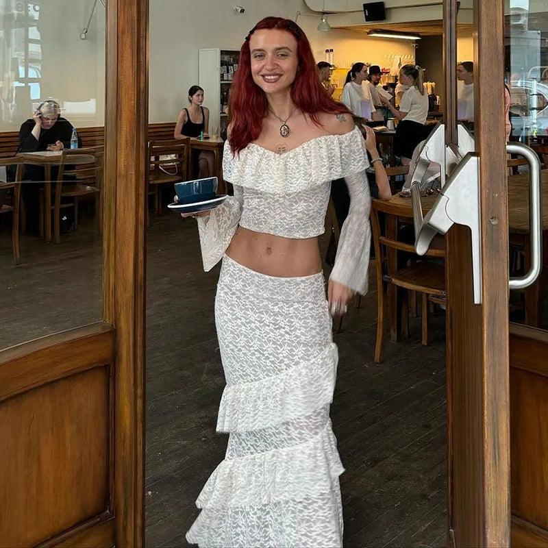 Transparent Lace Two Piece Sets Skirt Suit White Flare Sleeve T-shirt Long Skirt Skirt Set