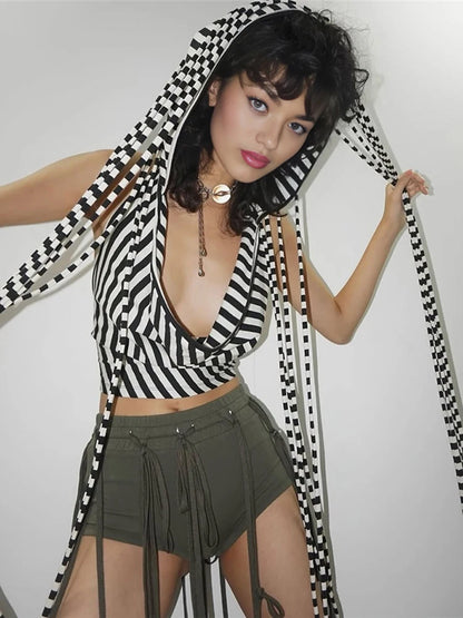 Black And White Stripes Hooded Backless Top