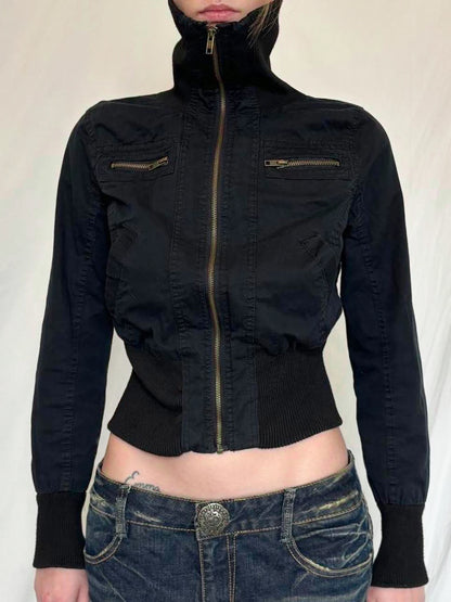 Cropped Slim Fit Zipper Jacket Black
