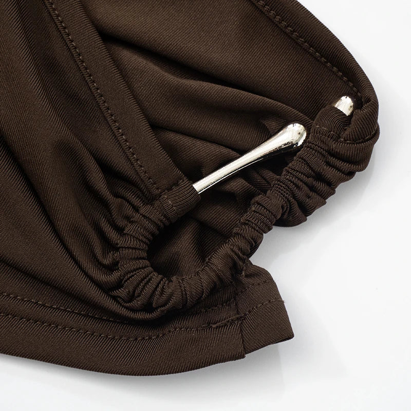 Brown Hollow Out Sleeveless Round Neck Top