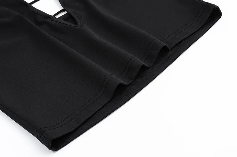 Black Deep V-Neck Halter Sleeveless Hollow Out Top