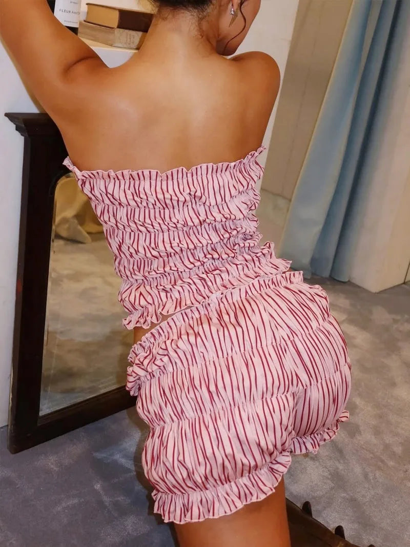 Pink Striped Tube Top and Mini Shorts Two Piece Set