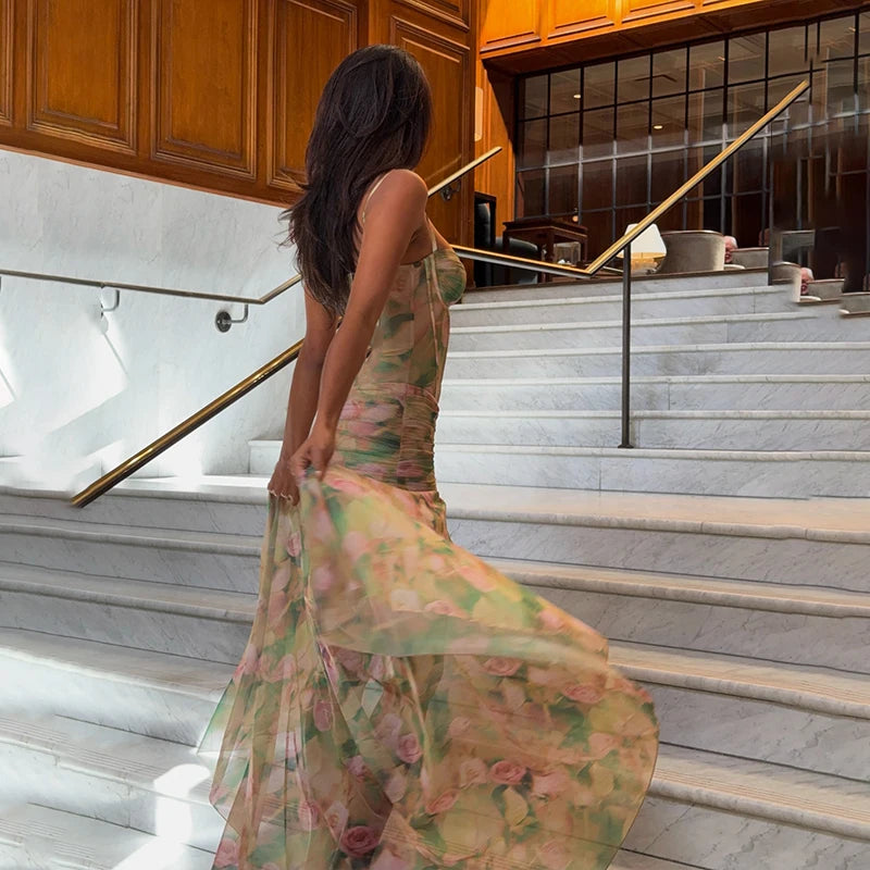 Green Floral Bodycon Split Maxi Dress