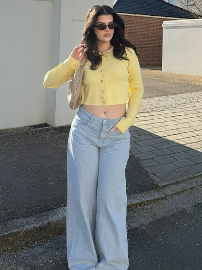 Yellow O-Neck Long Sleeve Cardigan