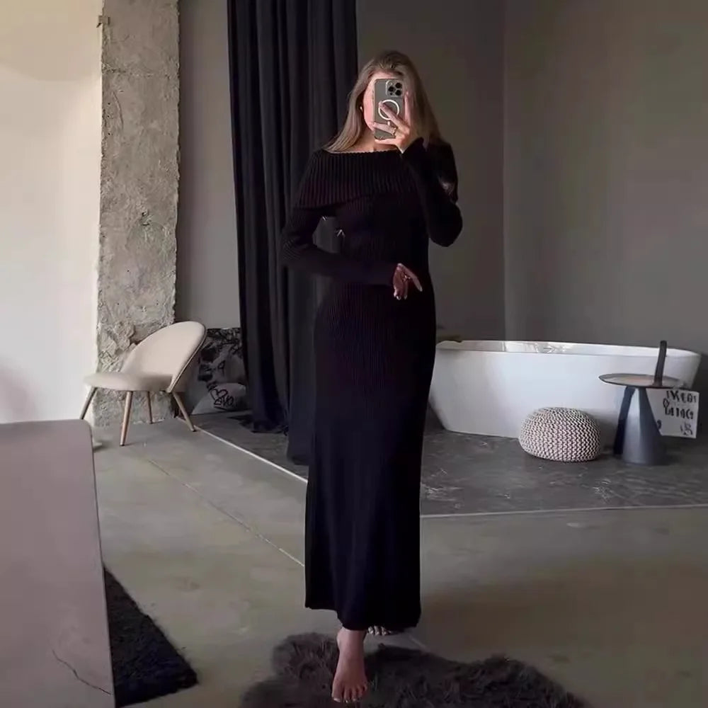 Knit Long Dress Off-Shoulder Ribbed Loose High Waist Dress Ladies Knit Maxi Dress