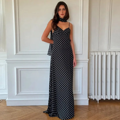 Black Polka Dot V-Neck Backless Maxi Dress