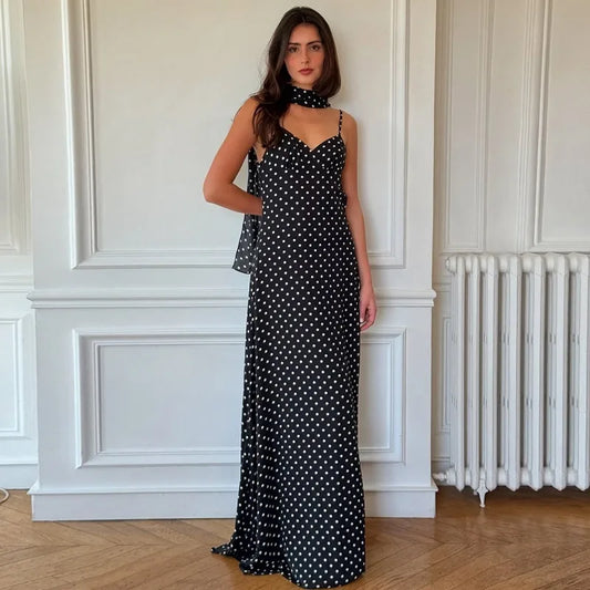 Black Polka Dot V-Neck Backless Maxi Dress