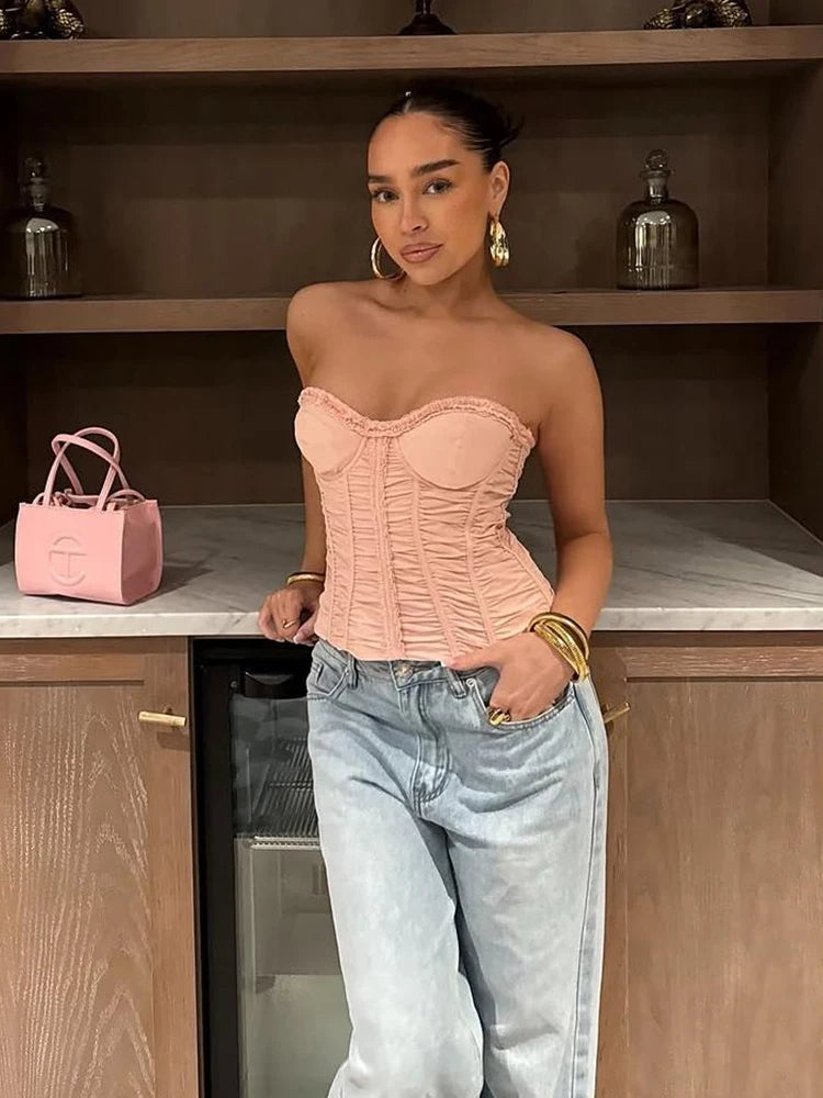 Ruffles Corset Top Fake Fishbones Wrap Daily stretch Tube Top