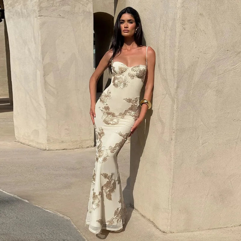 Flower Lace Up Backless Maxi Dress