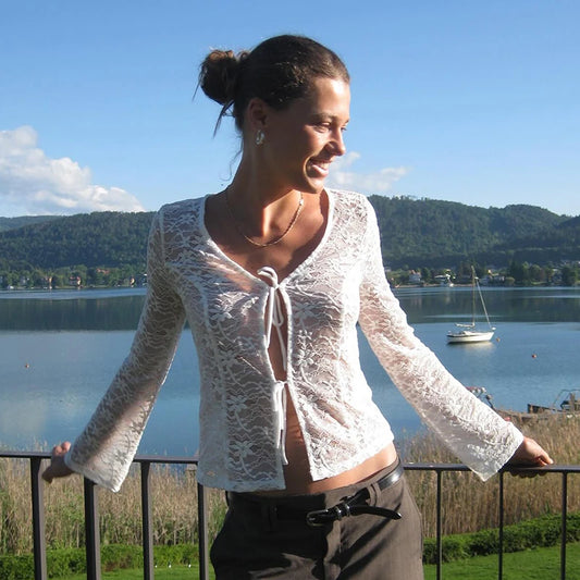 Lace Hollow Out See Through Long Sleeve Top