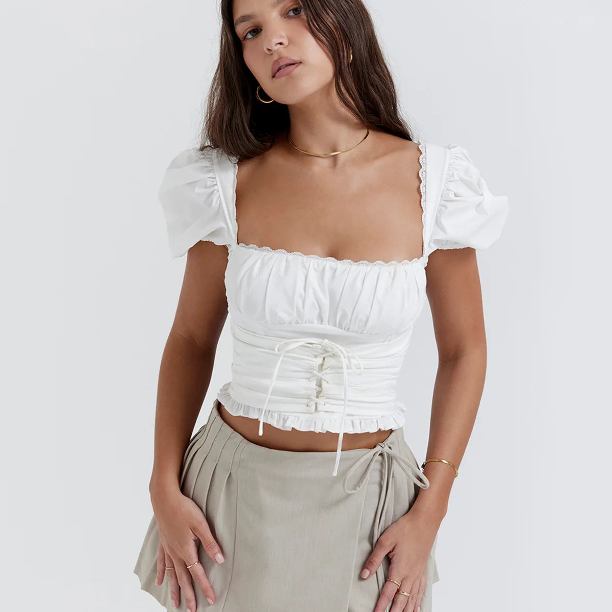 White Cotton Lace Up Top