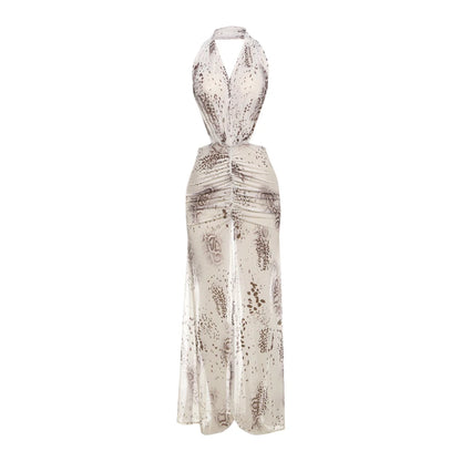 Khaki Patchwork Backless Bodycon Maxi Dress