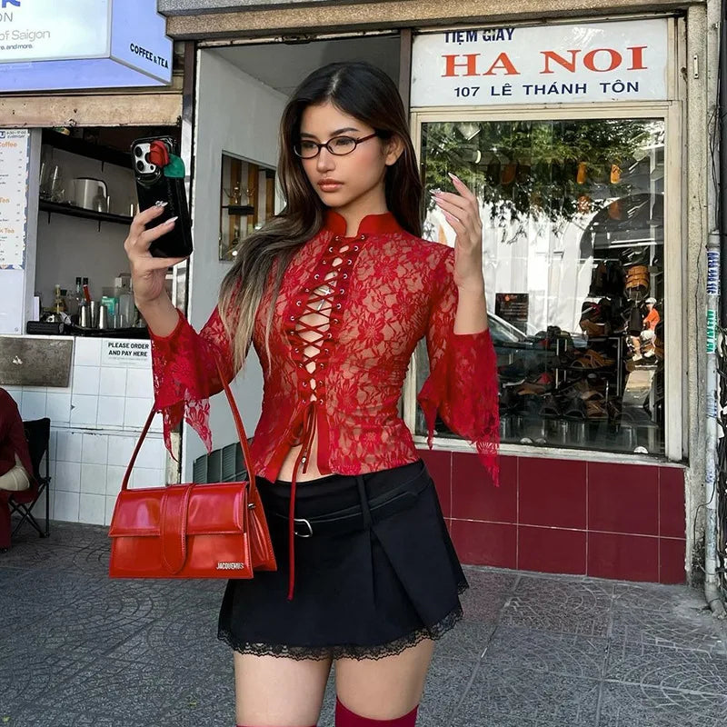 Red See Through Lace Top