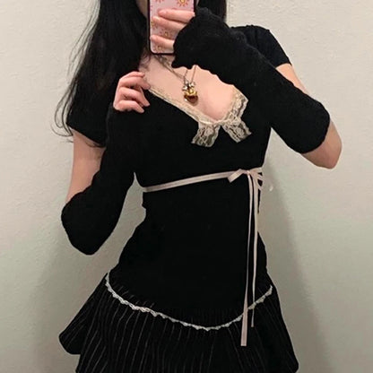 Lace Patchwork Kawaii Cropped Slim Top