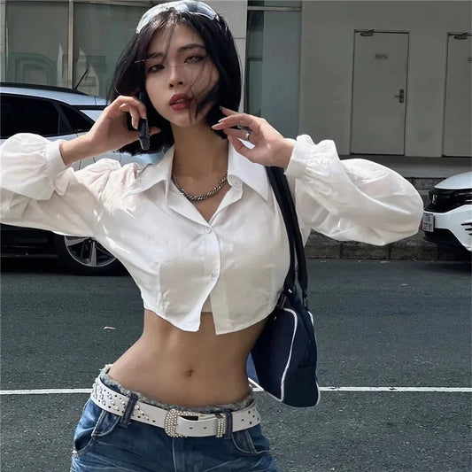 White Puff Long Sleeve V-Neck Crop Top