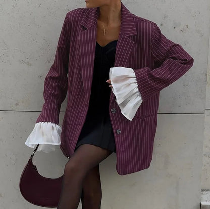 Patchwork Notched Collar Lace Blazer with Flare Sleeves