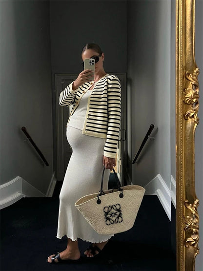 Striped Knit 2 Piece Set: Zebra Cardigan & High Waist Shorts