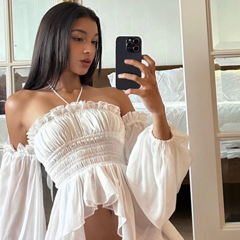 White Off Shoulder Long Sleeve Crop Top