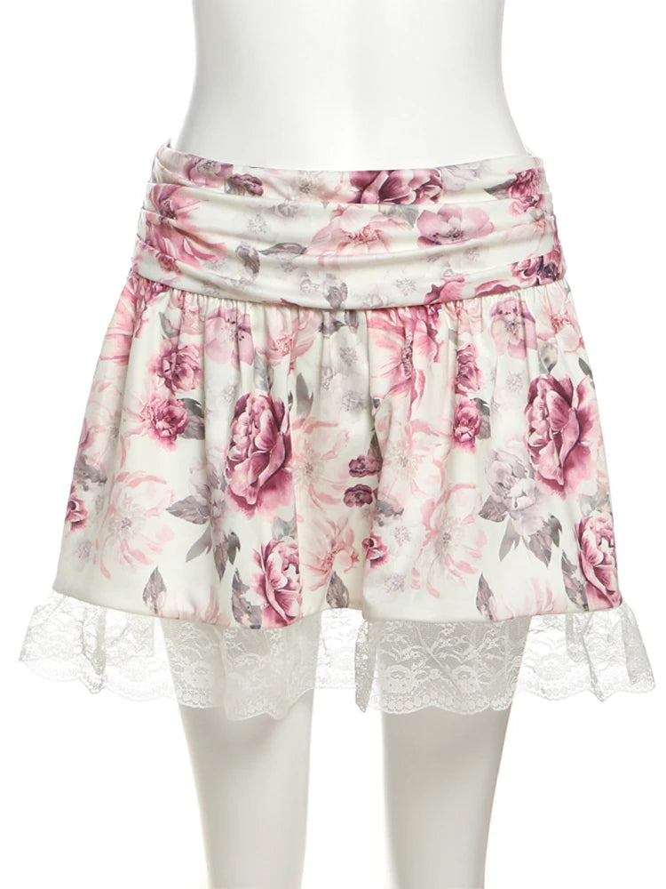 Flower Print 2-Piece Set Single-Breated Metal Bucle Wrap Top Lace Fold Hem Skirt Sweet Matching Suit
