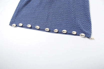 Blue Crochet Backless Pearl Halter Bodycon Dress