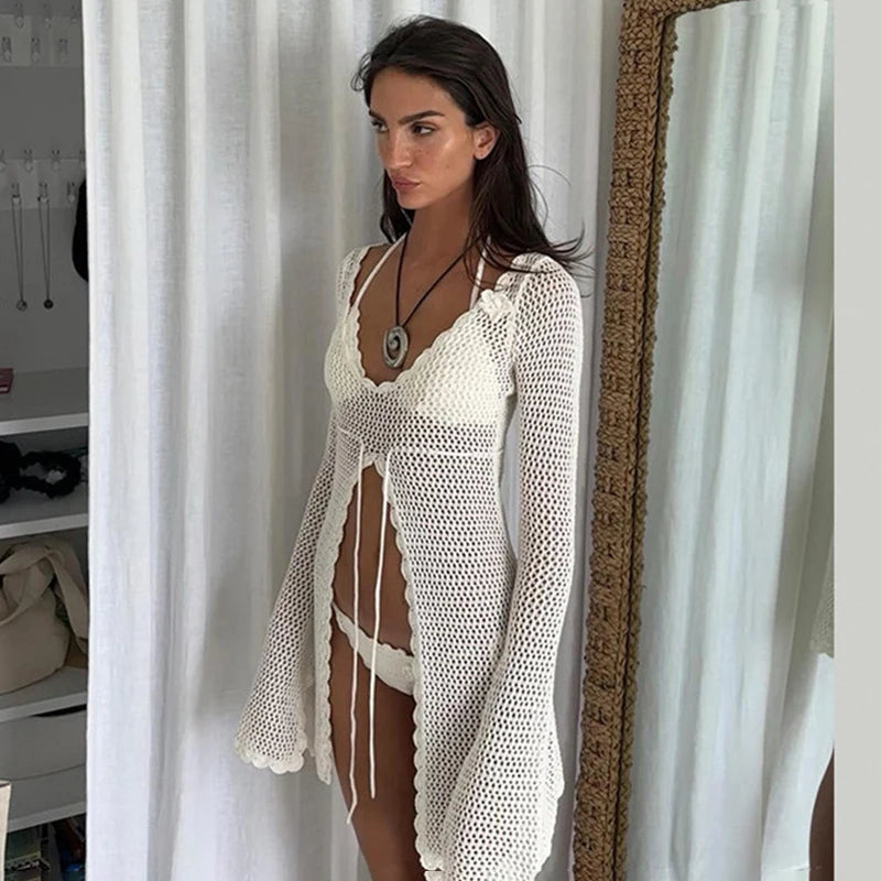 Knit Hollow Long Sleeve Cover Up See Through Slim