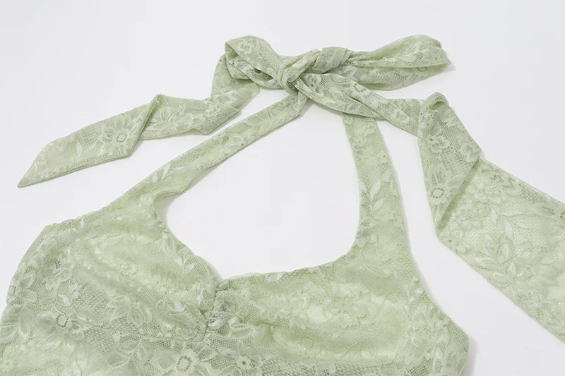 Green Halter Lace See Through Mesh Backless Top