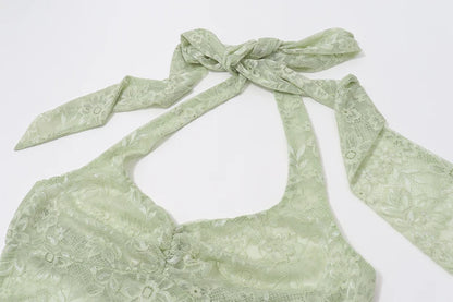 Green Halter Lace See Through Mesh Backless Top