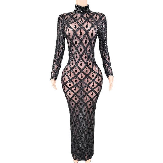 Sparkly Sequins Crystals Long Dress Prom Birthday Dress Transparent Performance Costume Show Stage Wear