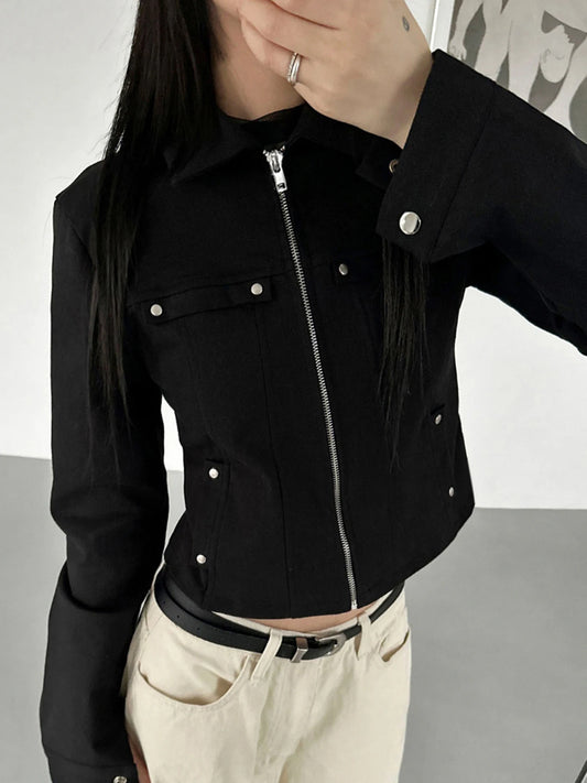 's Rivet Jacket Black Zip-Up with Pockets Long Sleeve Coats Cropped Design
