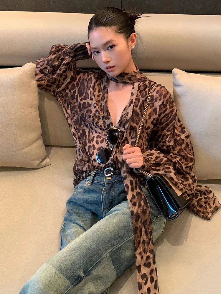 Leopard Chiffon Halter Long Sleeve Shirt