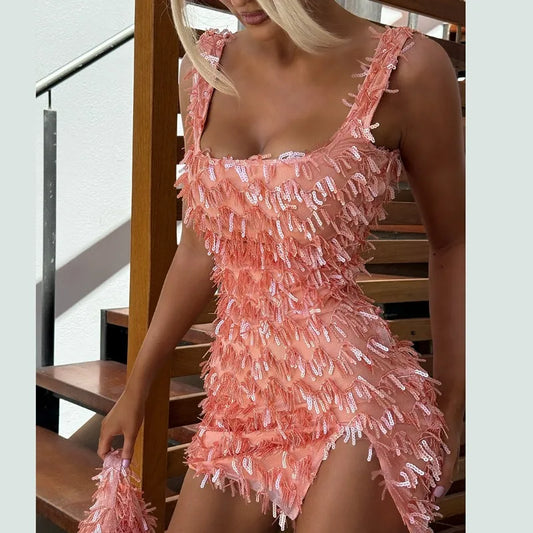 Orange Sequins Backless Split Mini Dress