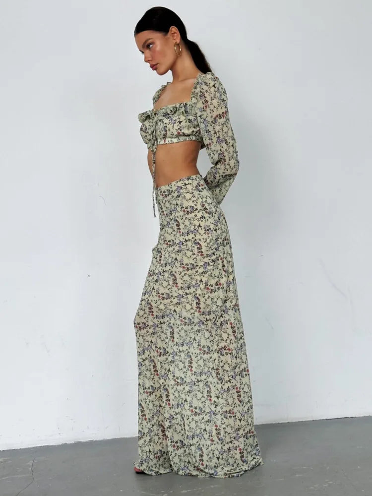 Floral Top and Maxi Skirt Two Piece Set