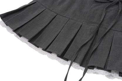 Gray Lace Up Pleated Mini Skirt