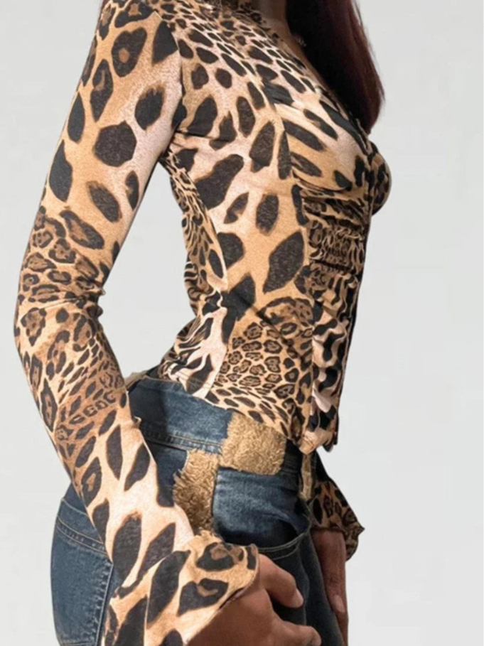 Leopard V-Neck Ruched Long Sleeve Top